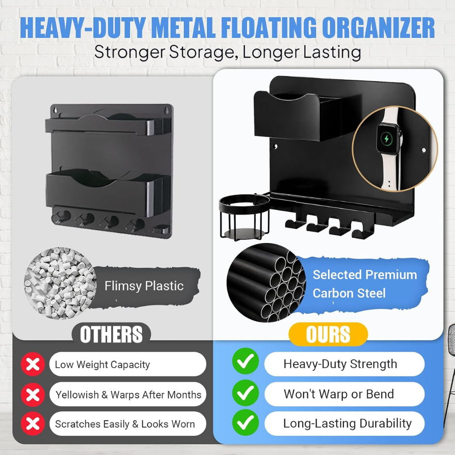 Metal Bedside Wall Shelf No Drill Floating Organizer