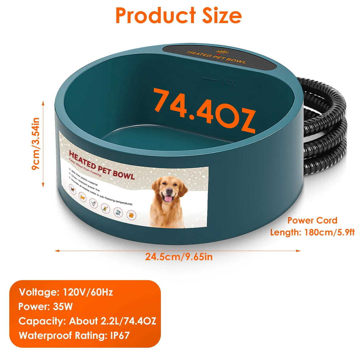 Heated Water Bowl for Dog Cat 74.4OZ Heating Water Dish IP67 Waterproof Thermal - Image 3