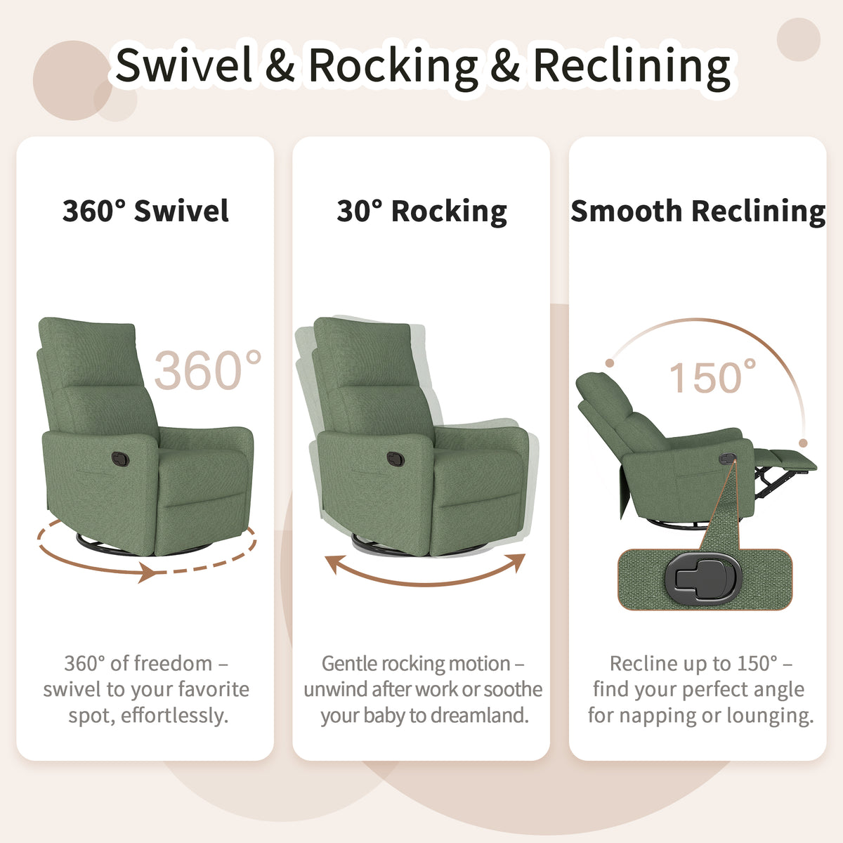Manual Swivel Recliner Chair 360° Swivel Rocker Chair for Adults Small - Image 5