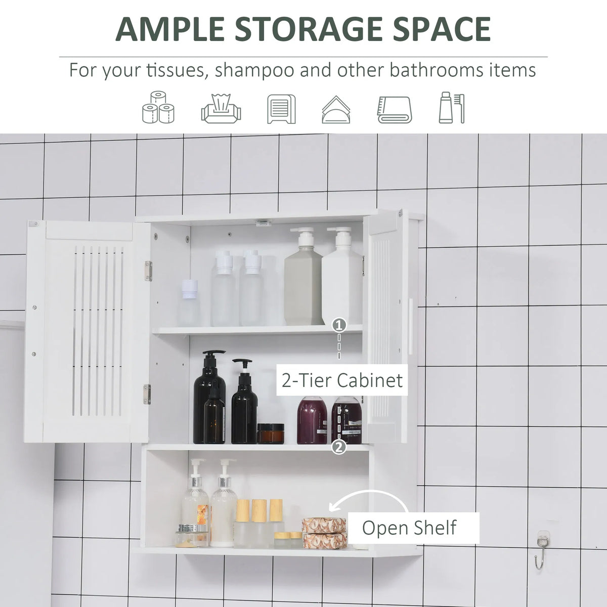 Modern Wall Mount Bathroom Cabinet Storage Organizer with 2 Door Cabinet and - Image 4