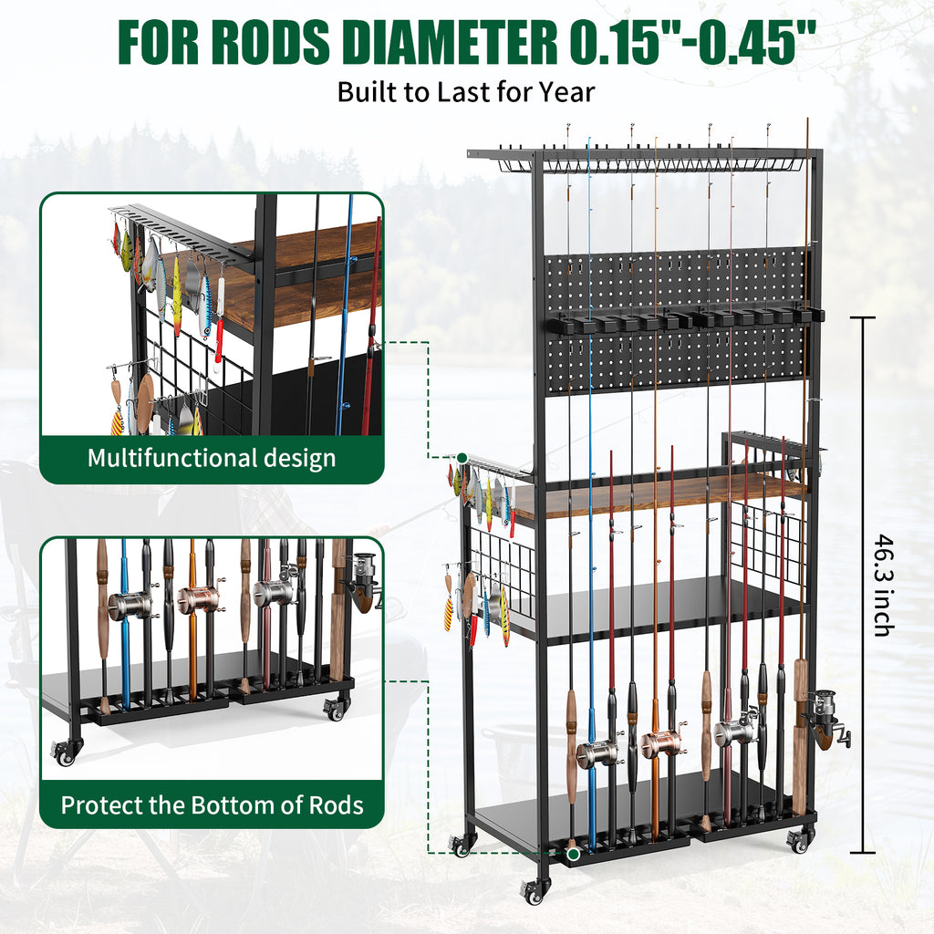 Fishing Rod Storage Rack With Pegboard Rolling Tackle Organizer Cart - Image 4