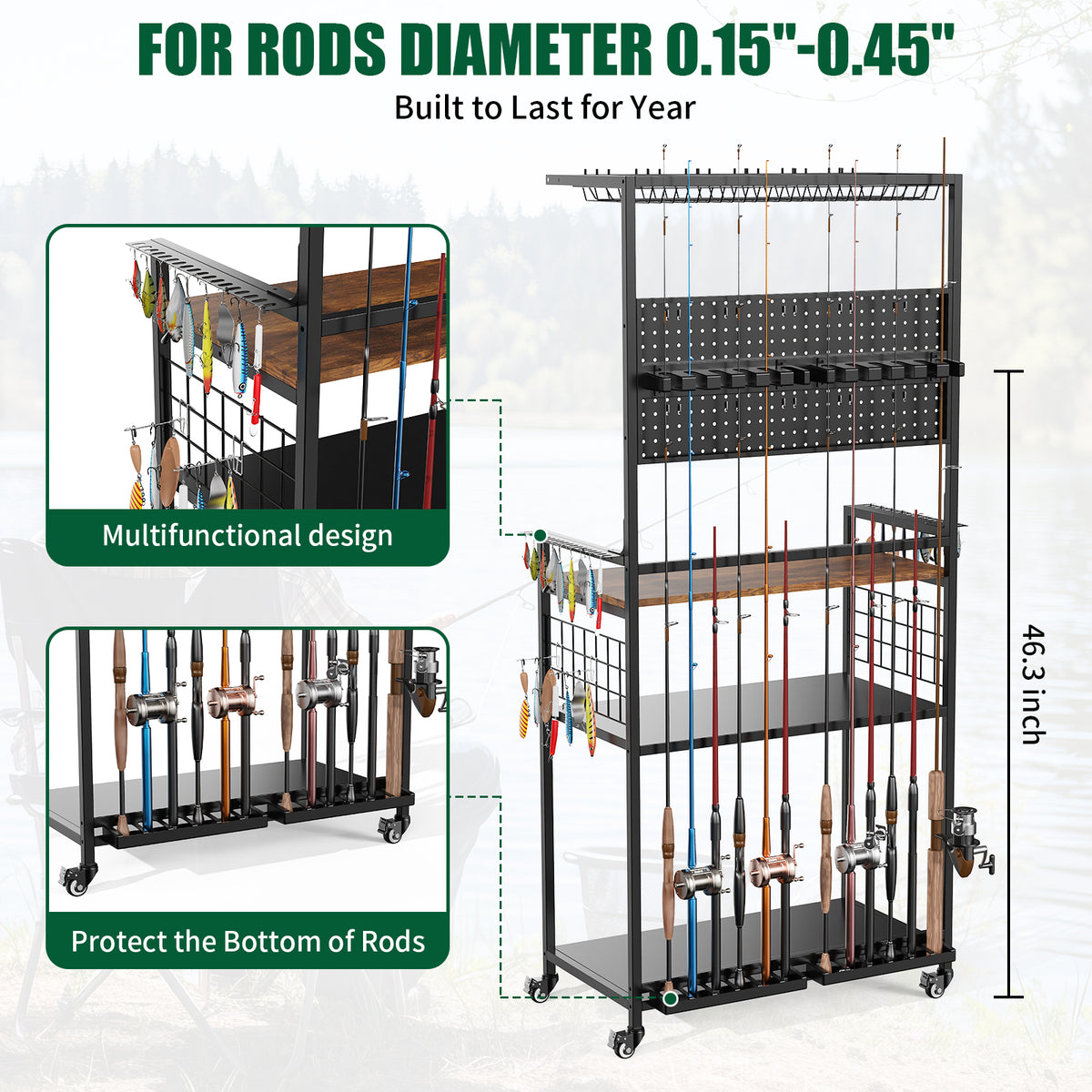 Fishing Rod Storage Rack With Pegboard Rolling Tackle Organizer Cart - Image 4