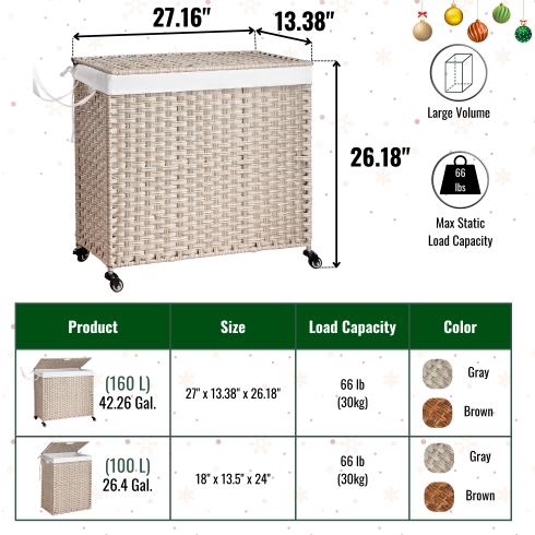160L Gray Rattan Laundry Hamper with Wheels