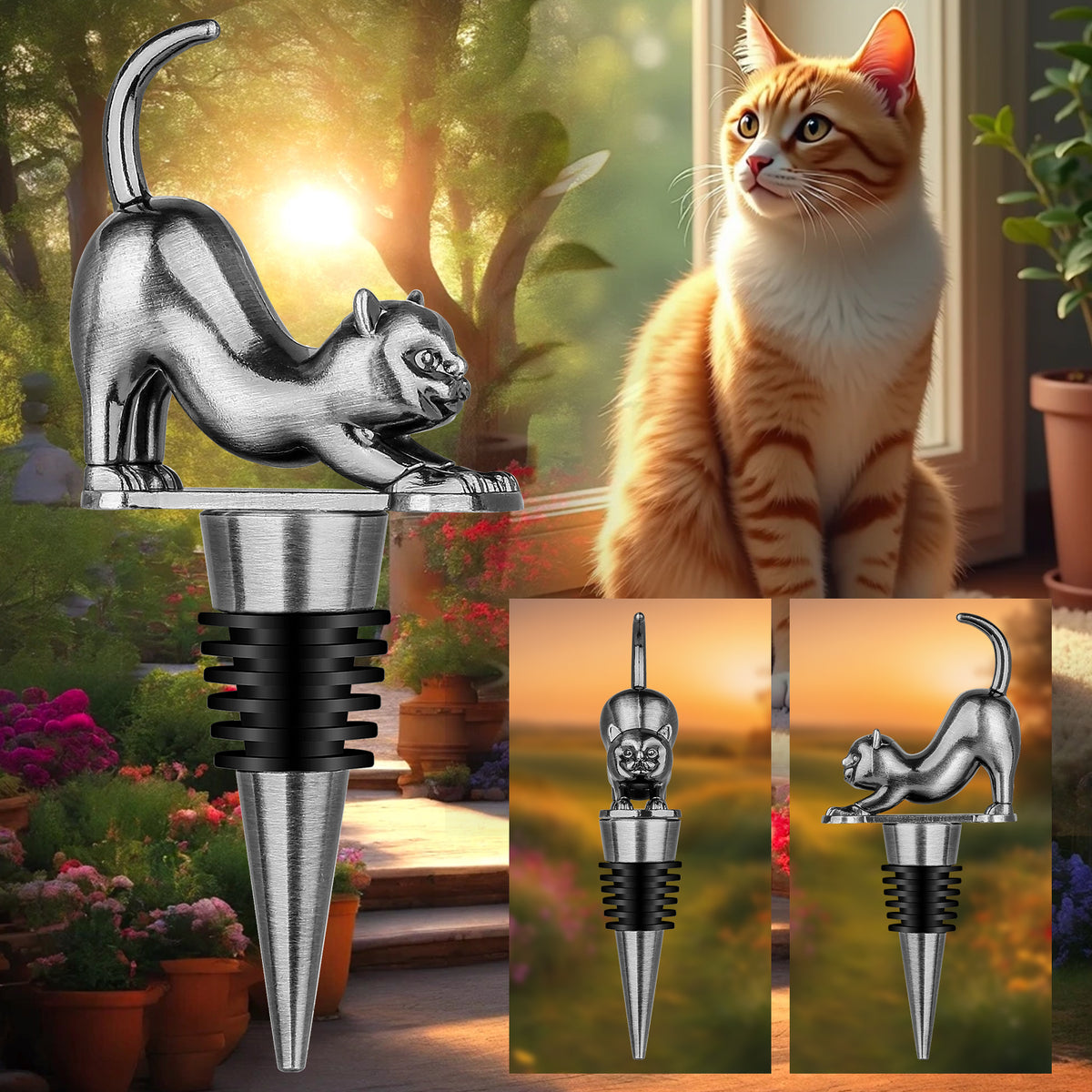 Elegant Upturned Cat Shaped Red Wine Stopper Set With Metallic Luster Bottle - Image 5