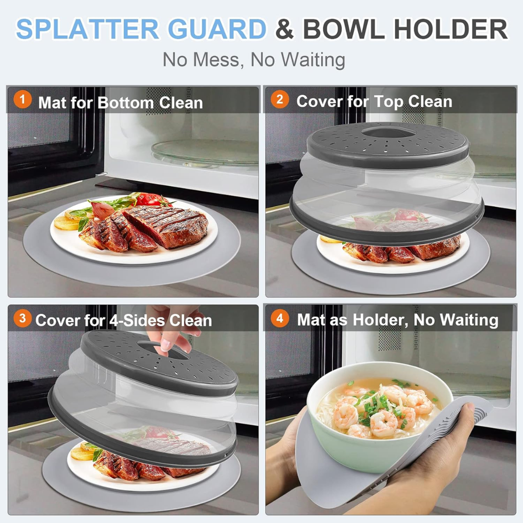 10 Inch Microwave Food Cover & Collapsible Silicone Mat Splatter Guard Plate - Image 3