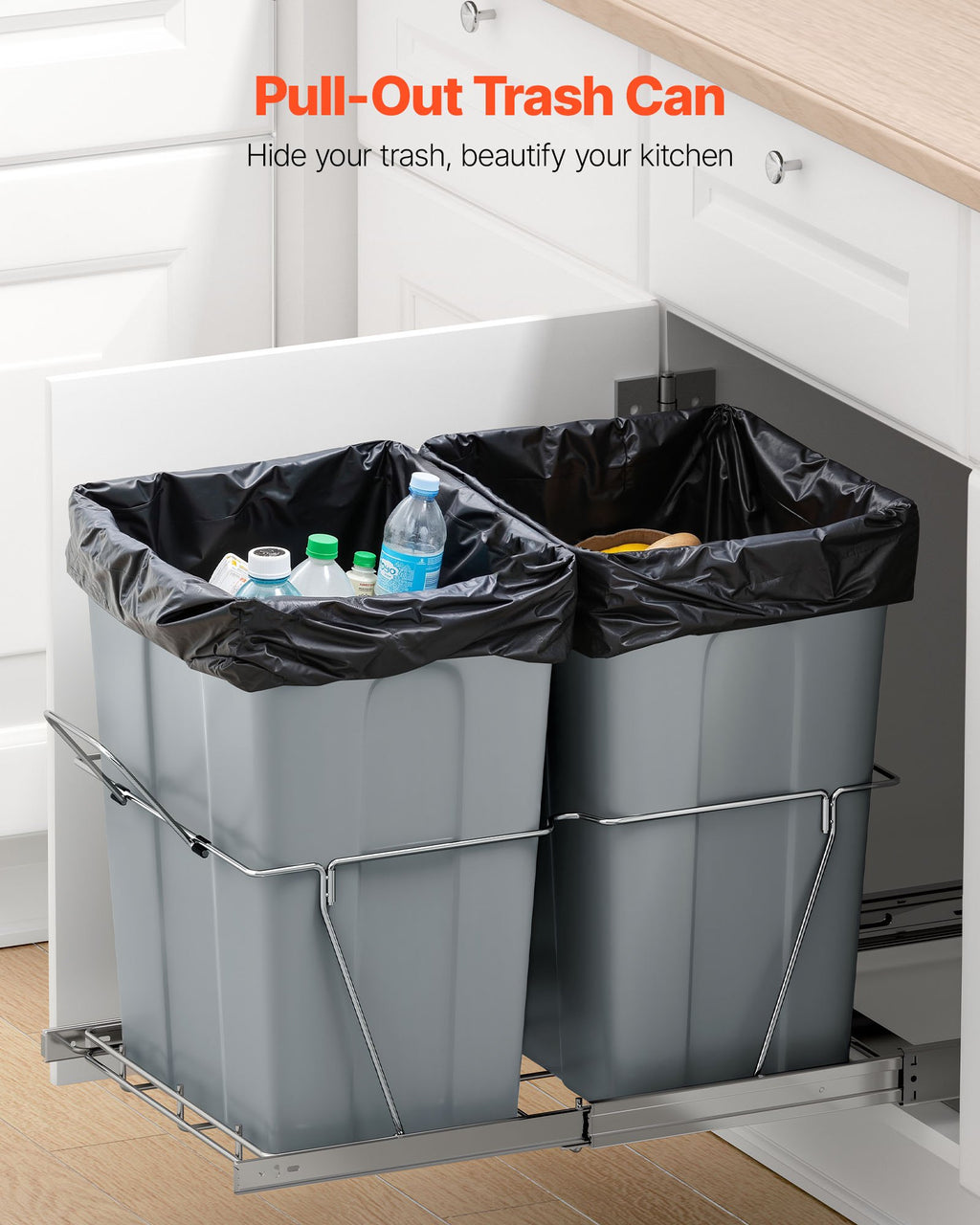 Double 35QTx2 Pullout Waste Container Under Cabinet Kitchen Trash Can Soft Close - Image 4