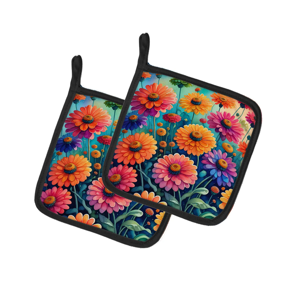 Colorful Zinnias Pair of Pot Holders Kitchen Heat Resistant Pot Holders Sets - Image 3