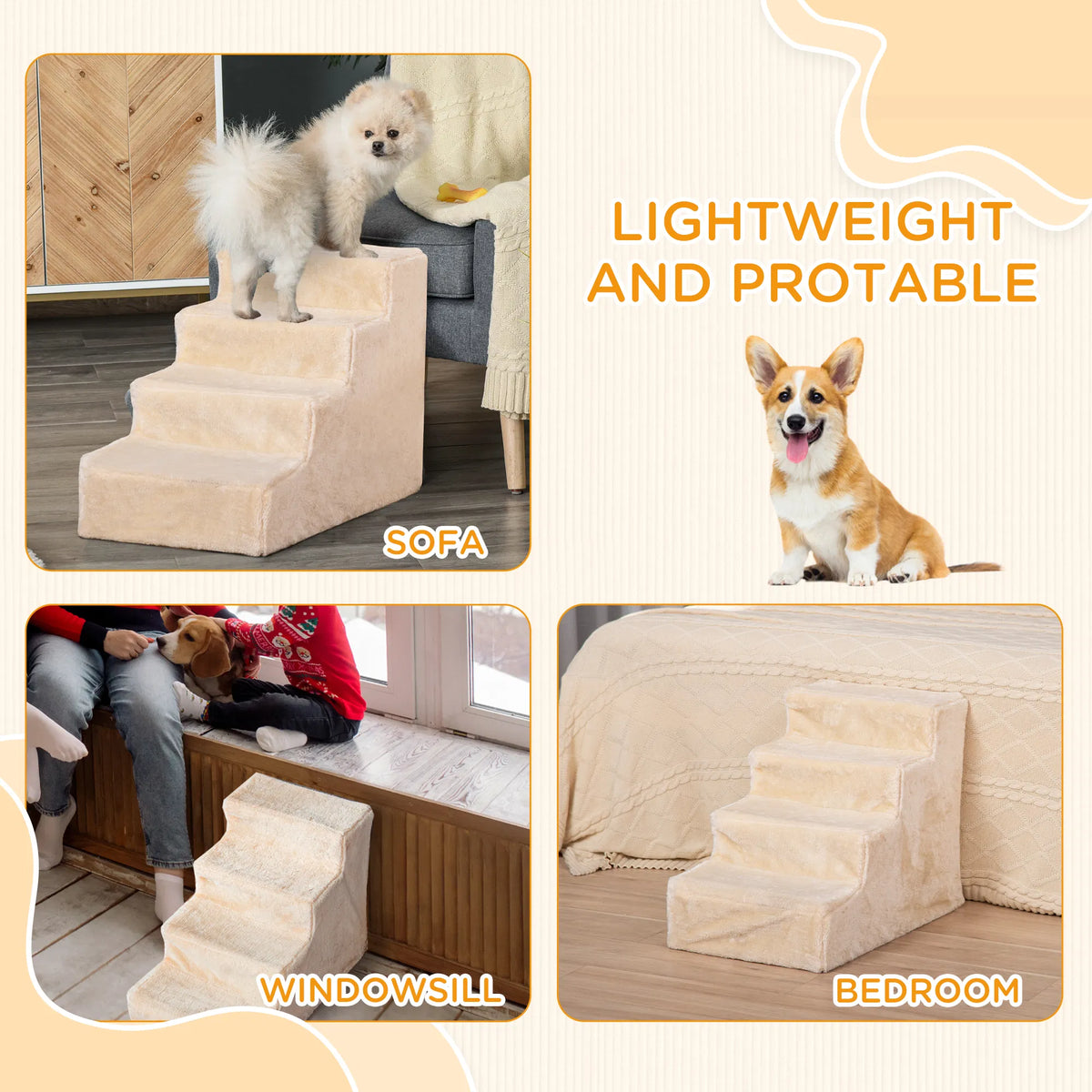 4 Step Dog Ramp for Sofa Bed and Couch with Removable Cover Beige - Image 3