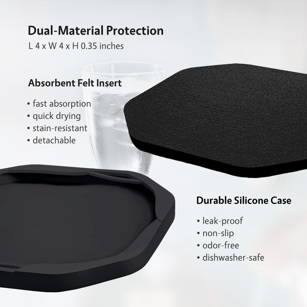 Absorbent Felt And Silicone Drink Coasters Set Of 6 With Holder Reusable - Image 5