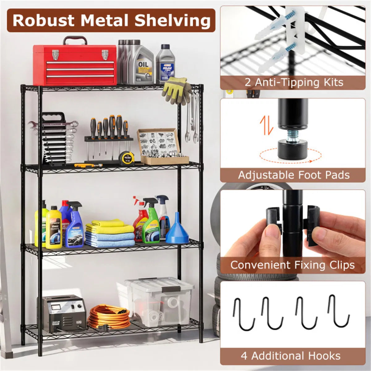 4 Tier Heavy Duty Metal Wire Shelving Unit 1000 lbs Capacity Adjustable Storage Rack - Image 6