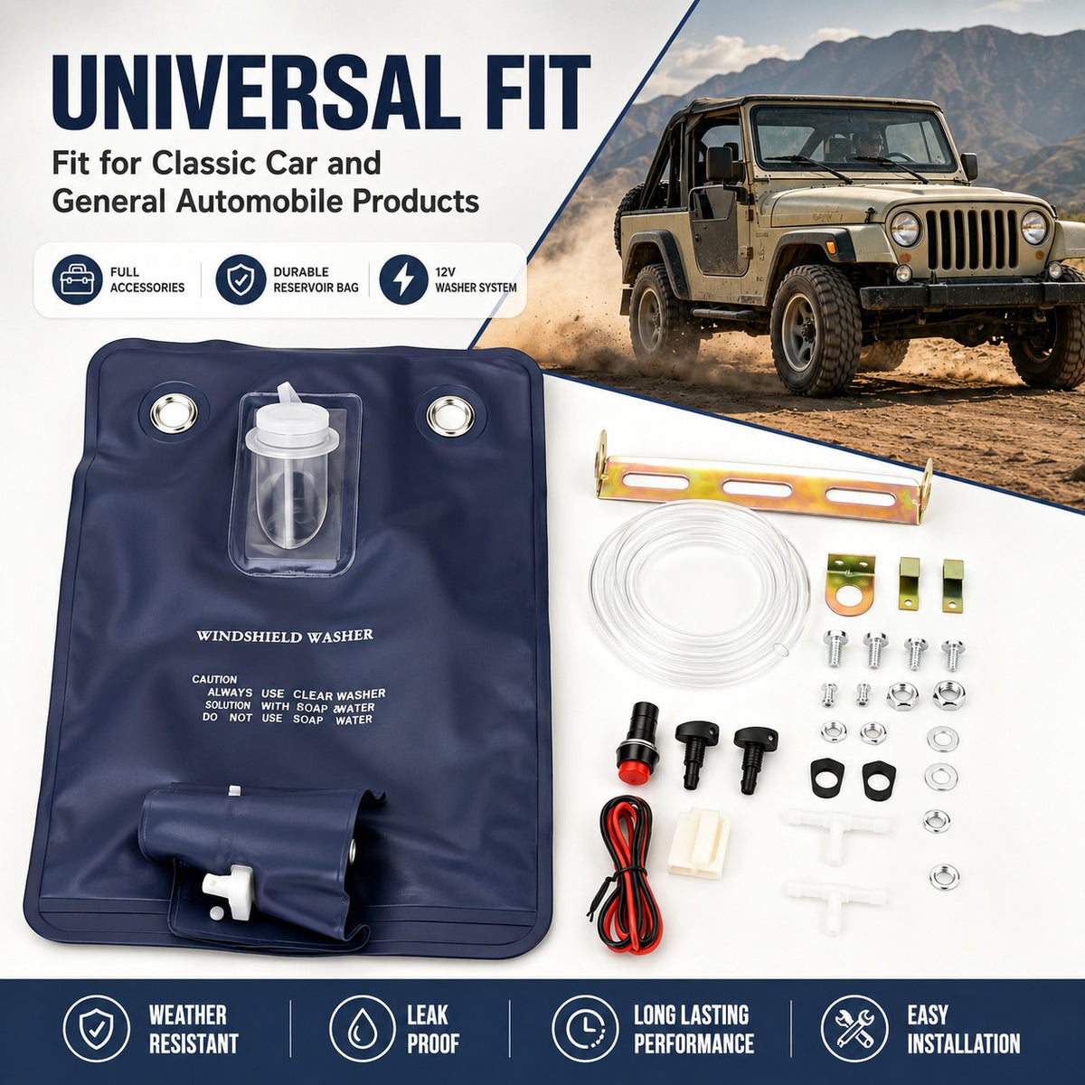 Universal Classic Car Windshield Washer Bag Kit 12V Complete Accessories - Image 3