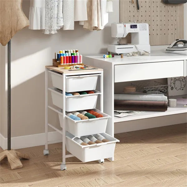 4 Drawer Rolling Storage Cart Mobile Utility Organizer With MDF Wooden Top (Natural) - Image 4