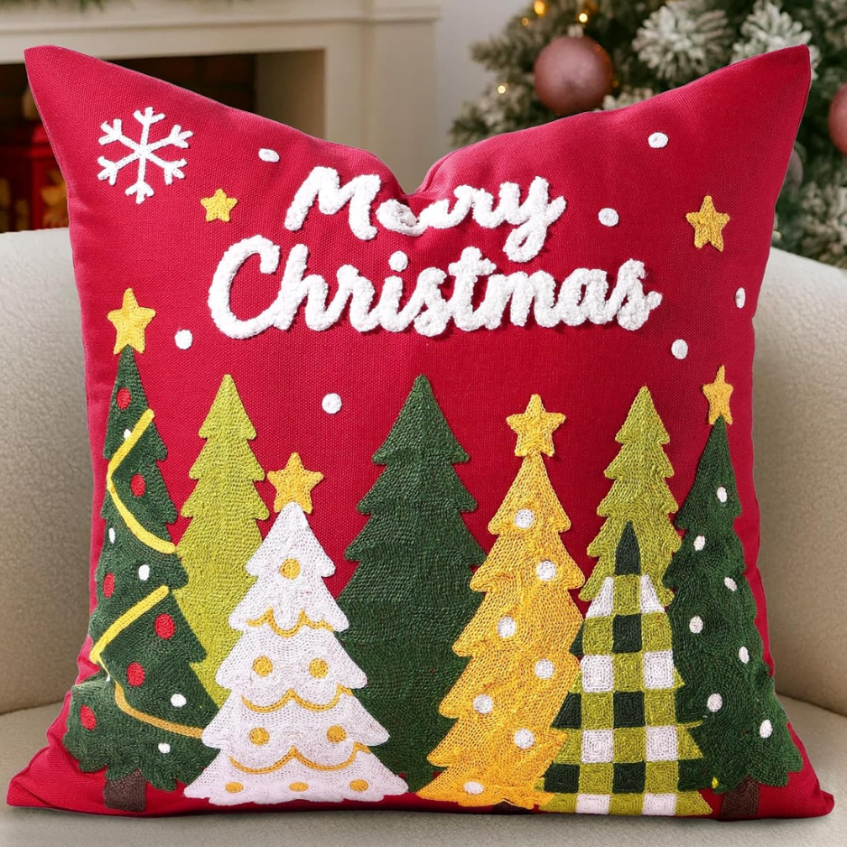 Christmas Embroidered Pillow Cover 18x18 Inch Red Trees