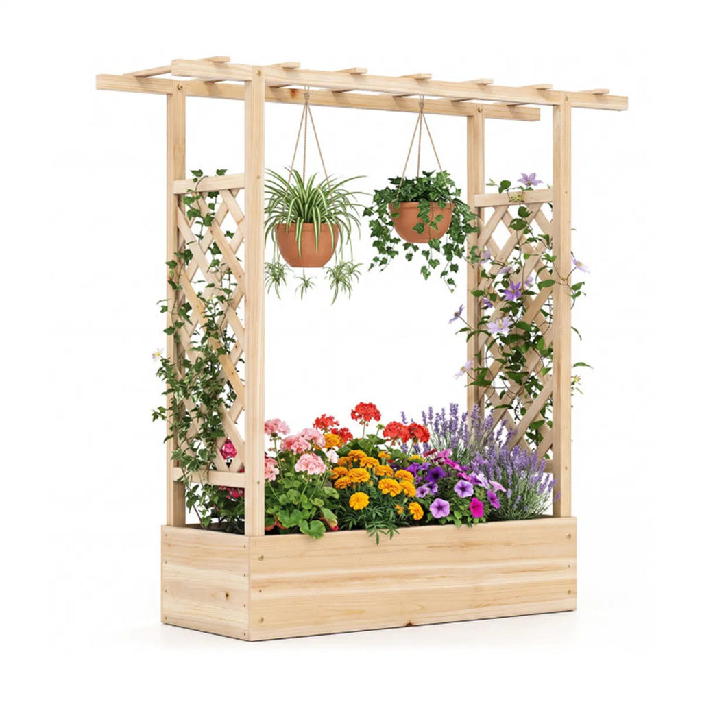 Fir Wood Raised Garden Bed with Side Trellis 109.22×35.56×114.30 cm Planter