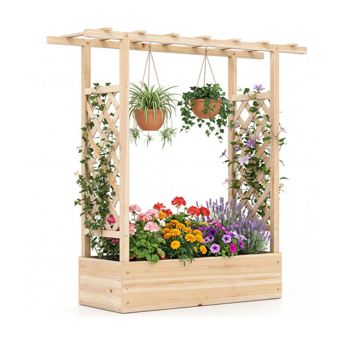Fir Wood Raised Garden Bed with Side Trellis 109.22×35.56×114.30 cm Planter