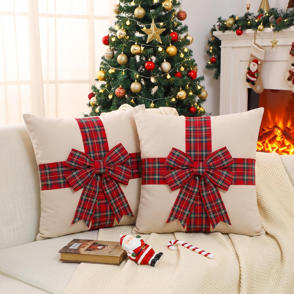 2 Pcs Christmas Pillow Covers With 3D Red Plaid Bow
