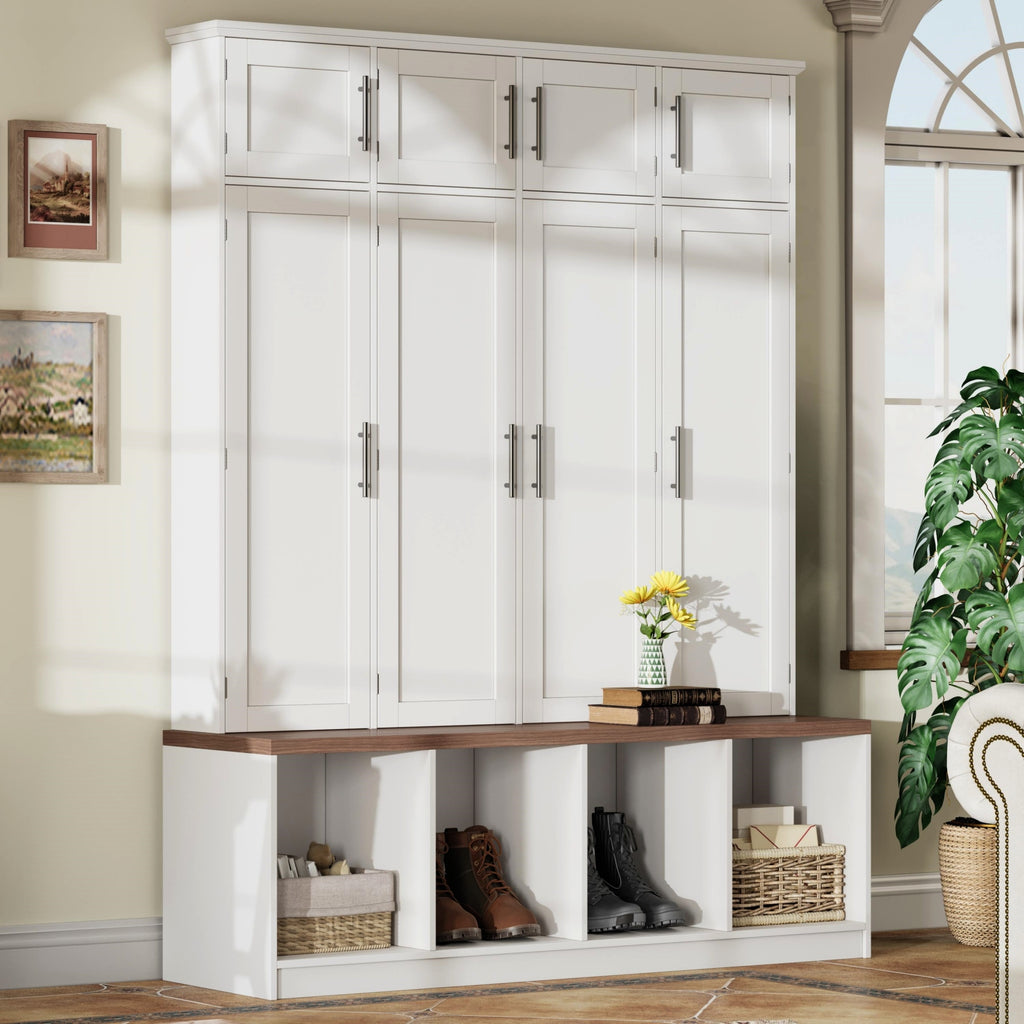 White and Walnut Farmhouse Hall Tree with Shoe Storage