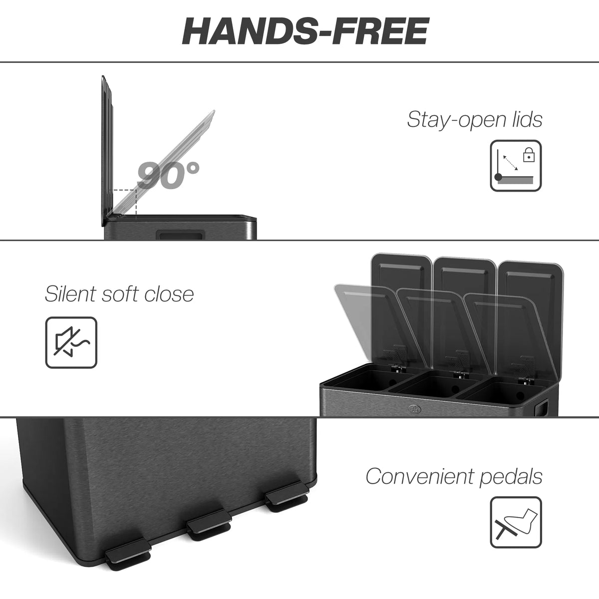 Triple Garbage Bin Soft Close Trash Can with Foot Pedal 3 x 20 Liter Garbage - Image 2