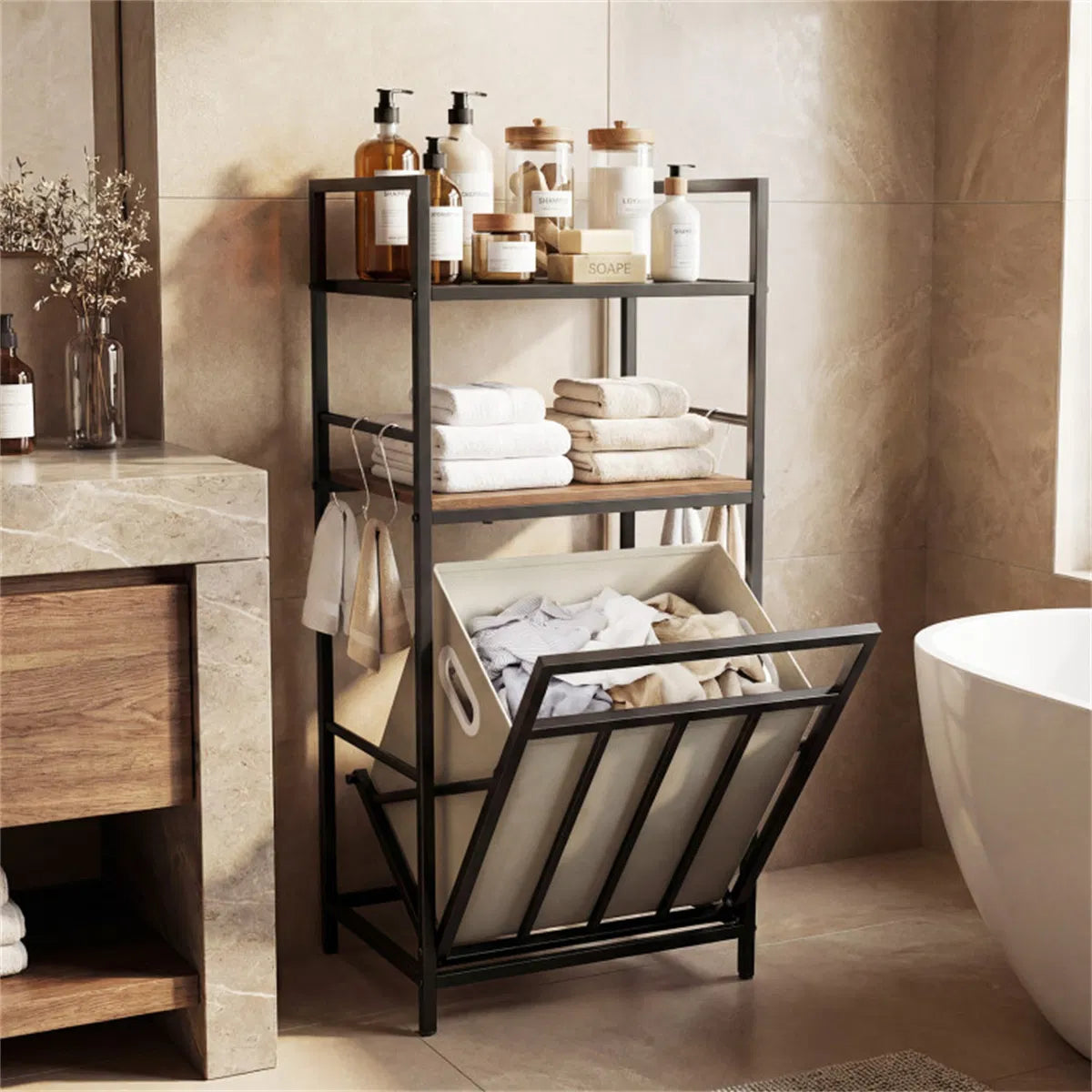 Black Rustic Brown Tilt Out Laundry Hamper Metal Engineered Wood With Shelves - Image 8