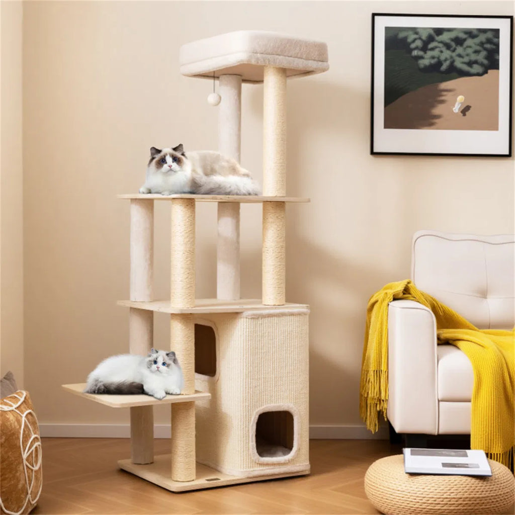63" Wooden Cat Tree 2 Story Condo with Bamboo Interior 5 Sisal Scratching - Image 3