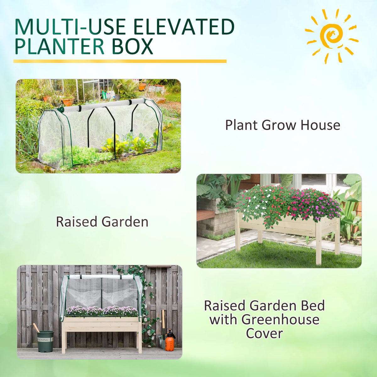Raised Garden Bed with PE Greenhouse Cover Outdoor Elevated Wood Planter Box