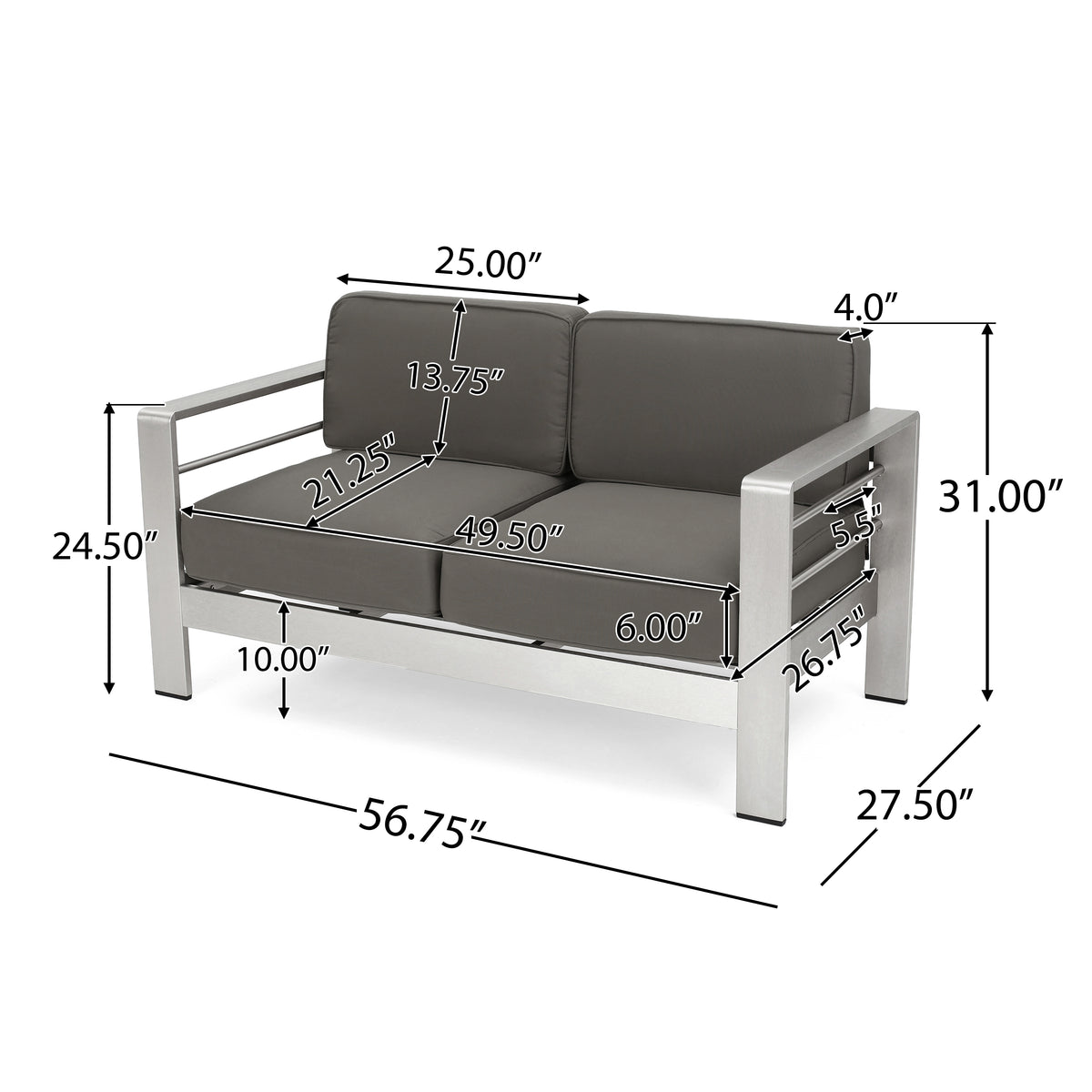 Aluminum Outdoor Patio Loveseat with Cushioned Seating
