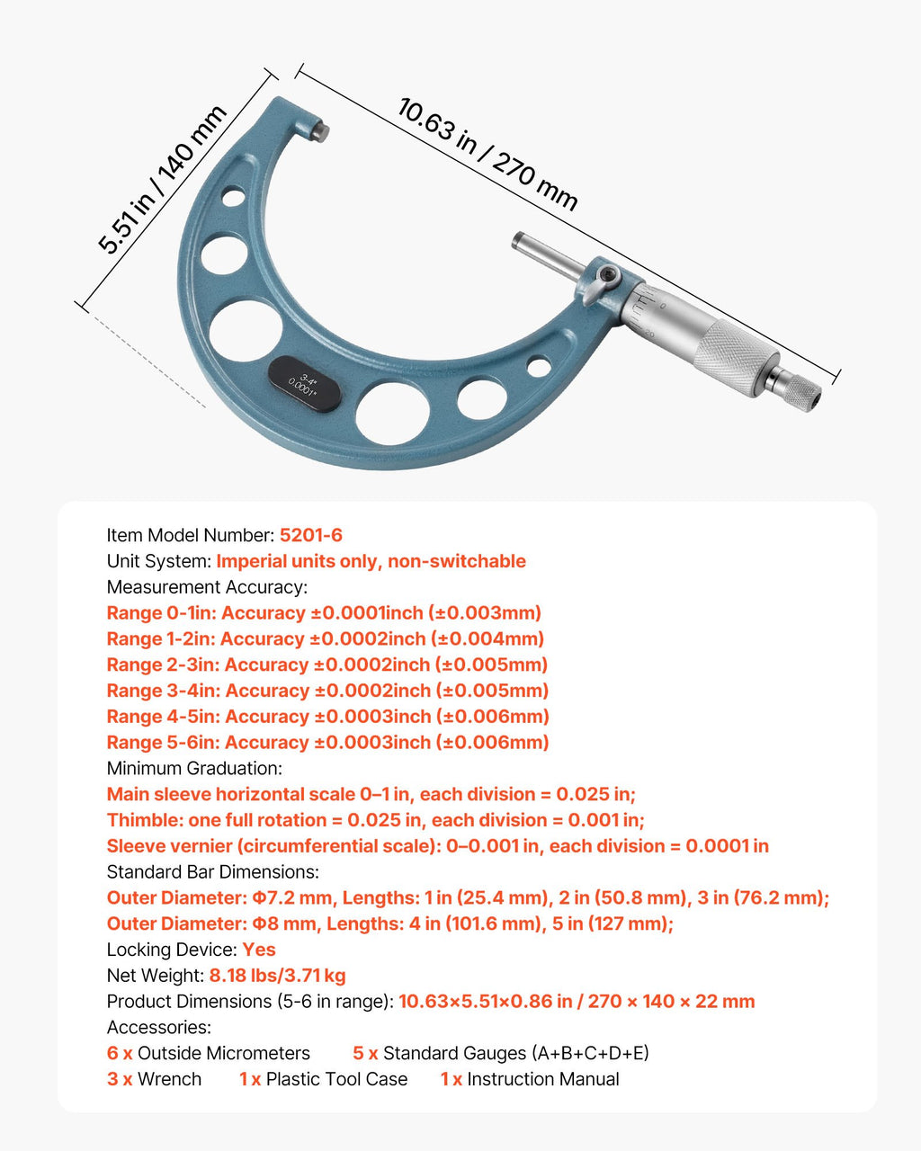 6 PCS Micrometer Set 0 1"/1 2"/2 3"/3 4"/4 5"/5 6" Machinist Outside - Image 5