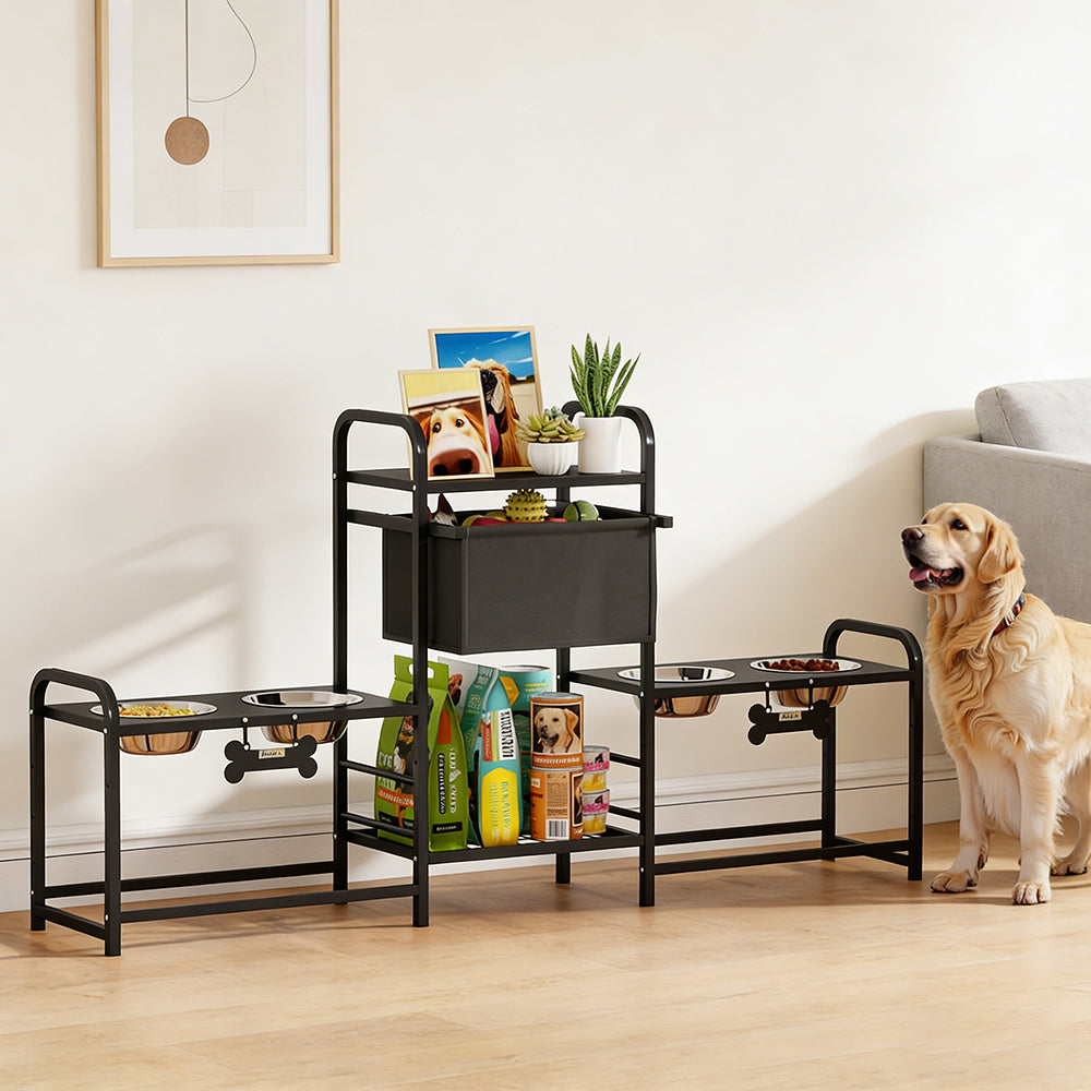 3 Height Adjustable Dog Bowl Stand Oxford Fabric With Features Four Bowls Toy - Image 2