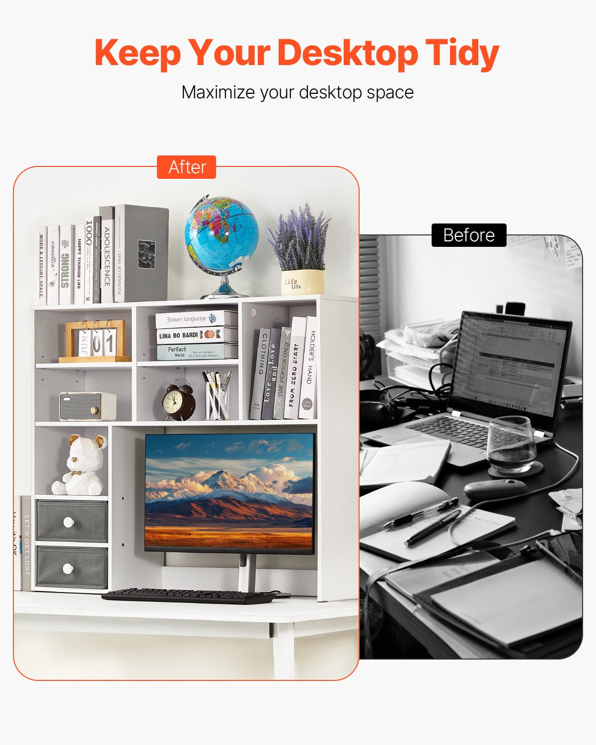 3-Tier Desktop Storage Organizer Bookshelf with Drawers - White - Opening and Closure Mechanism Detail