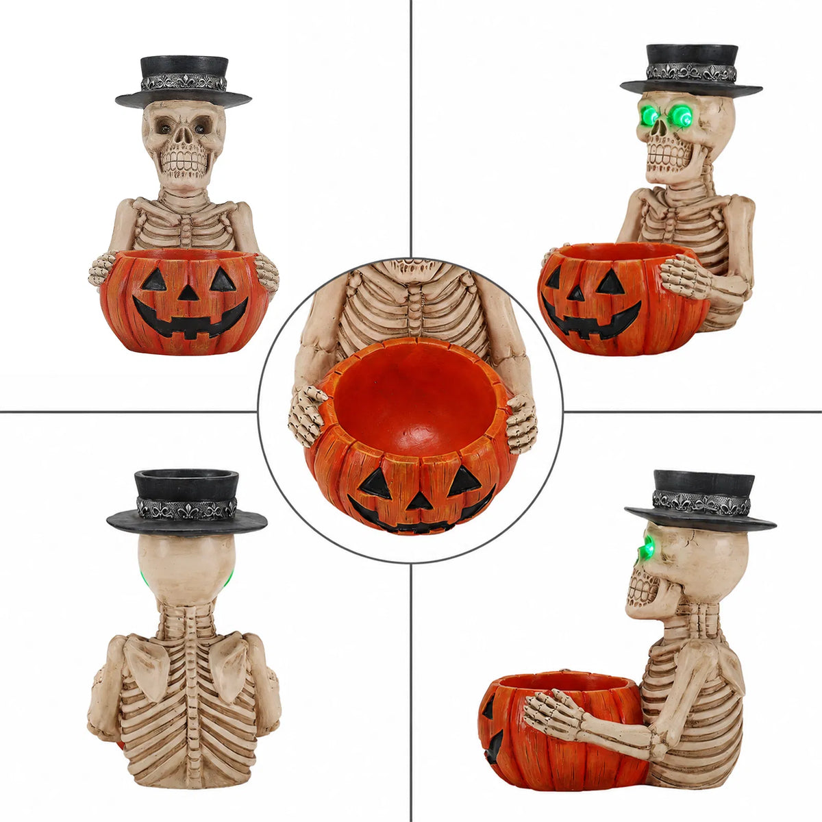 Halloween Resin Skeleton Figurine Candy Dish Glowing Green Eye Design - Image 2