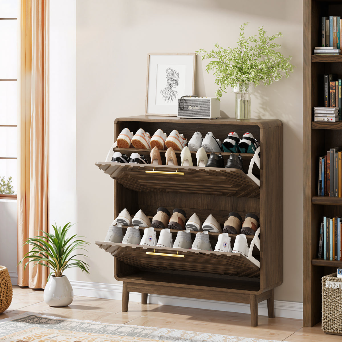 31.5-Inch Walnut Flip-Drawer Shoe Cabinet