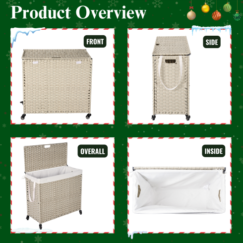 160L Gray Rattan Laundry Hamper with Wheels