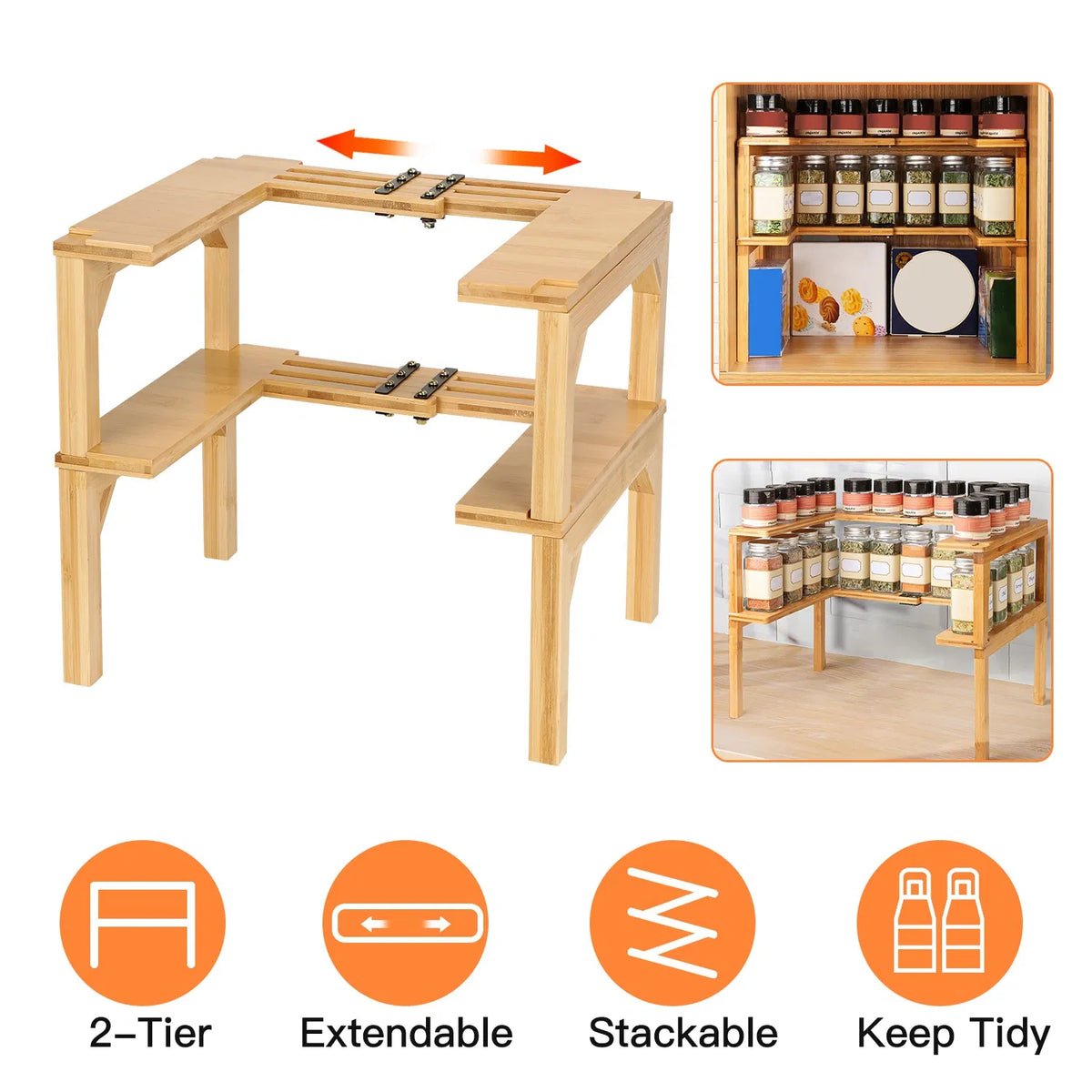 2 Tier Kitchen Spice Rack Expandable Bamboo Spice Organizer Cabinet Stackable - Image 5