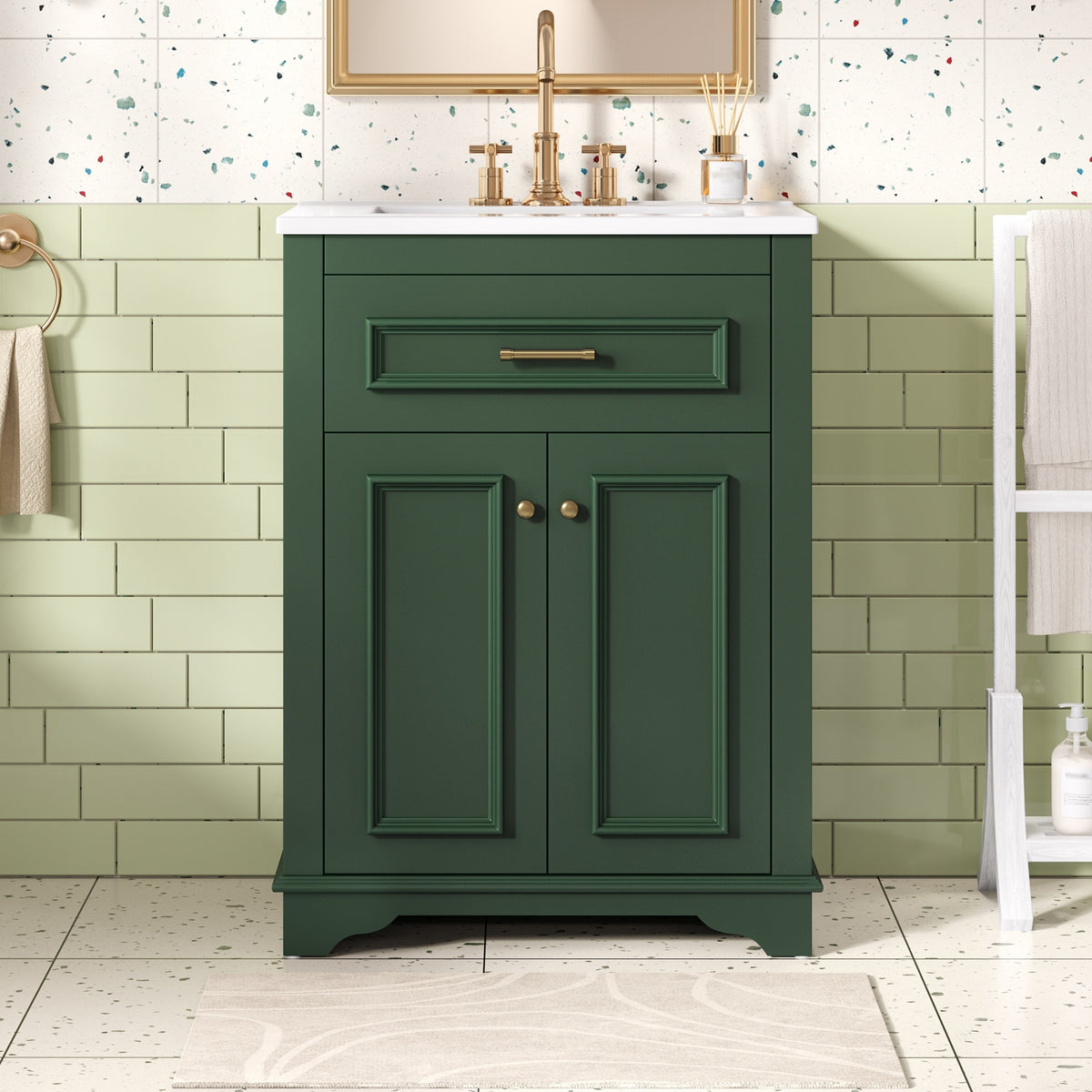24-Inch Green Bathroom Vanity with Integrated Ceramic Sink