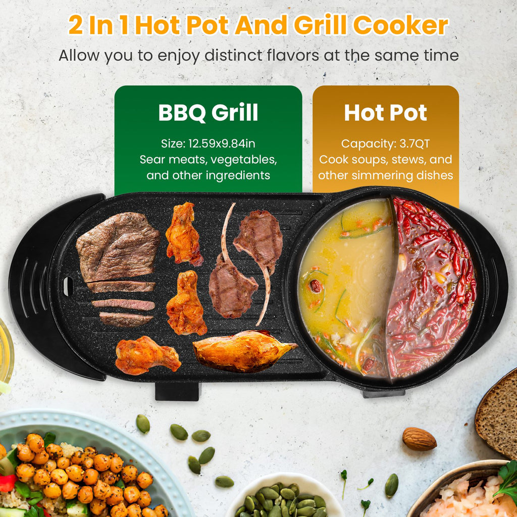 2200W 2 In 1 Electric Hot Pot With BBQ Grill Cooker Smokeless Non Stick Korean