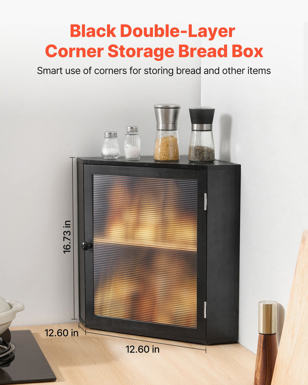 Corner Bread Box For Kitchen Counter Double Layer Bamboo Storage Container Black - Image 2