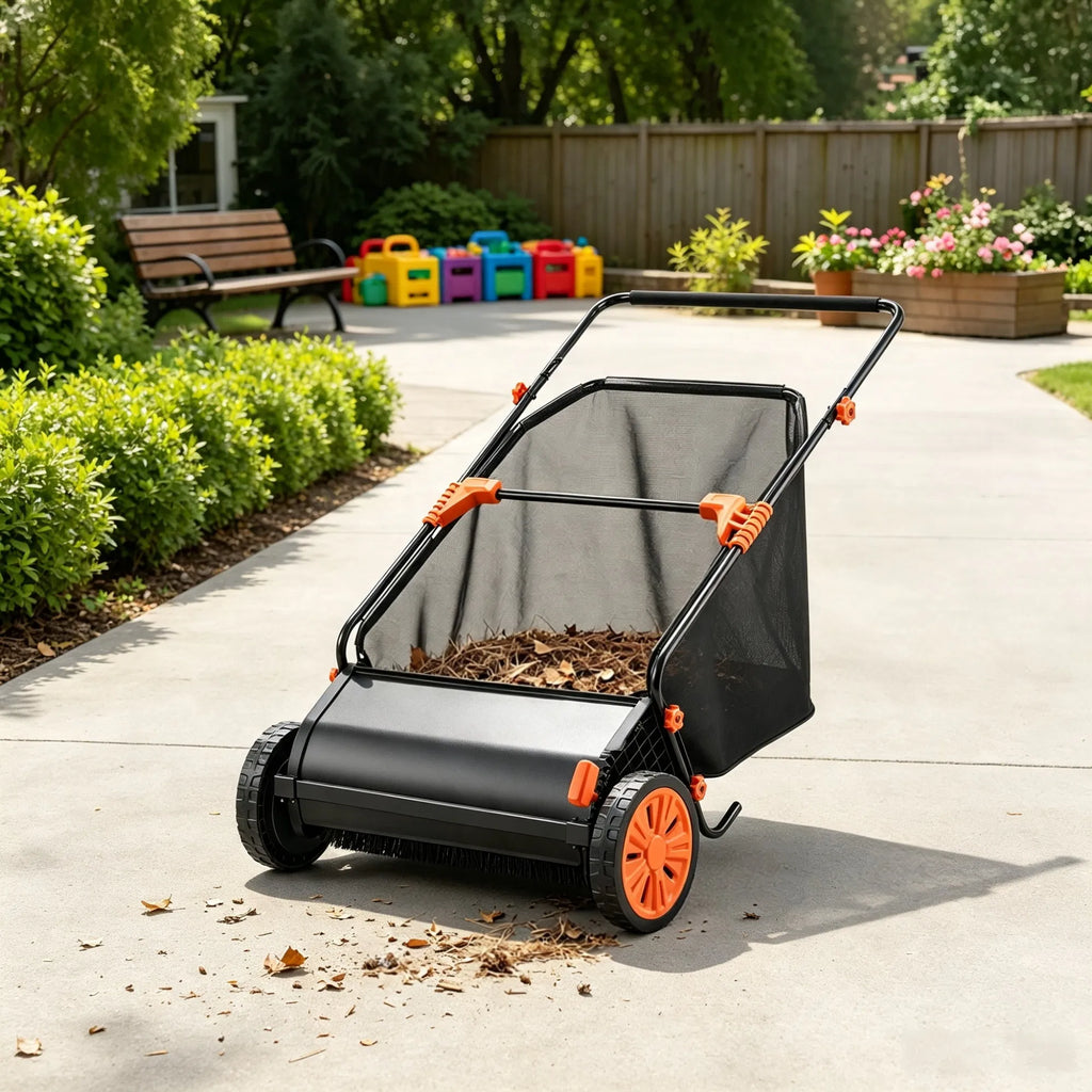 26" Push Lawn Sweeper 7 cu. ft. Leaf & Grass Collector with Adjustable Brush - Image 5