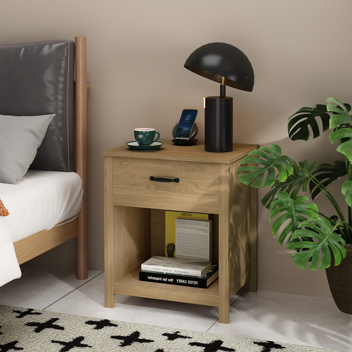 Natural Wood Nightstand with Drawer and Open Shelf