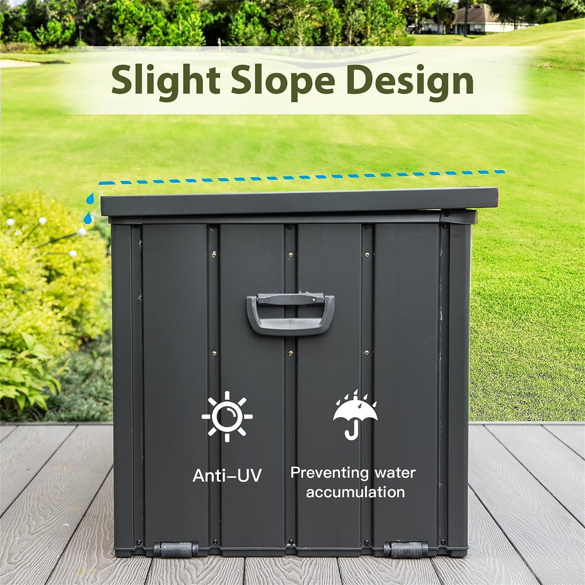 150-gallon all weather resin outdoor deck storage box with hydraulic struts in dark gray - angle 5 detail