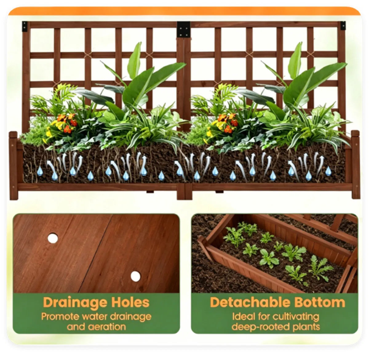 Rustic Brown Elevated Planter with Lattice Trellis Dual Large Planting Boxes - Image 4