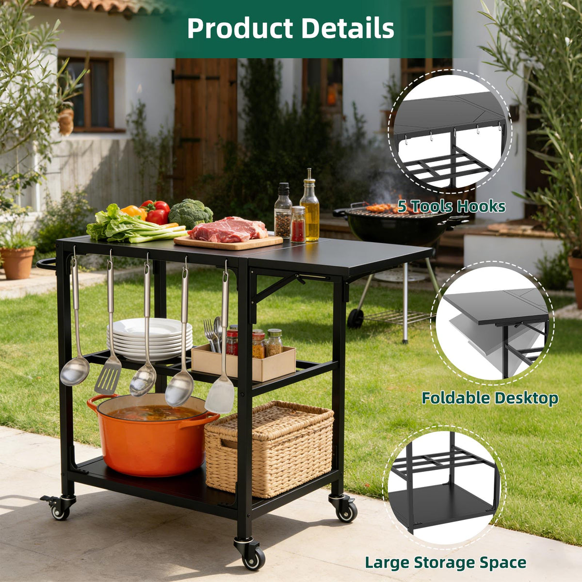 metal outdoor grill prep table and BBQ cart product view 2