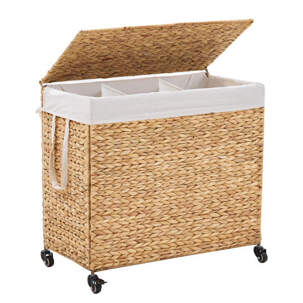 160L 3 Section Laundry Hamper With Lid And Wheels Woven Natural Water Hyacinth - Image 3