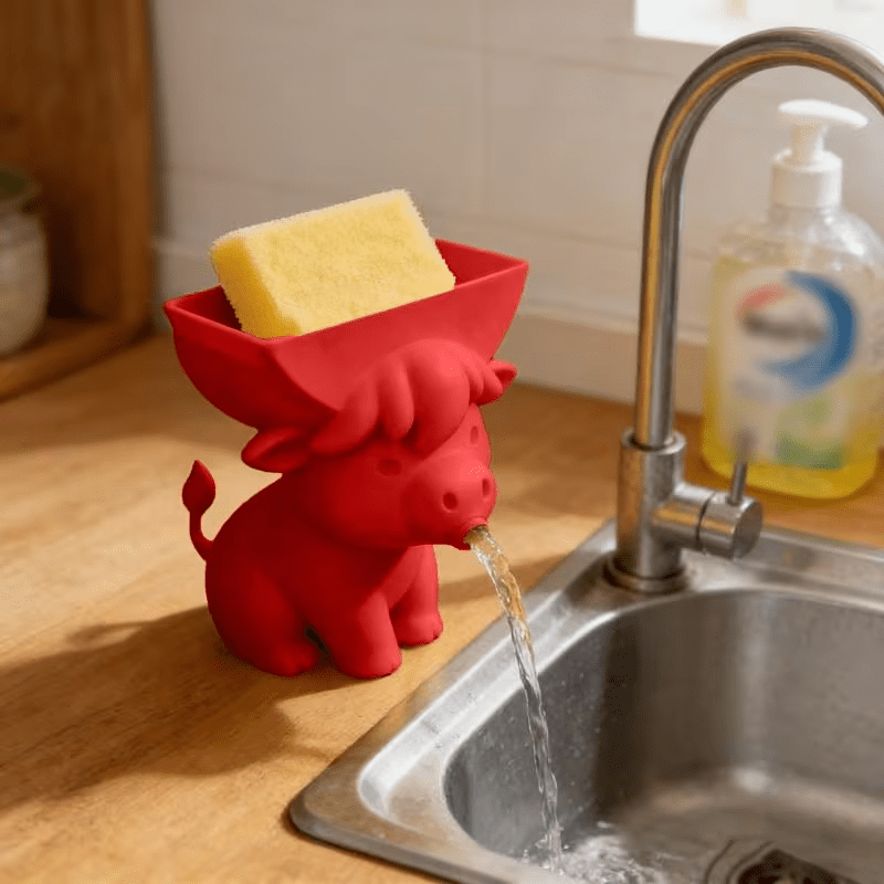 Cute Cow Sponge Holder Kitchen Sink Organizer With Drain Spout Animal Shaped - Image 4