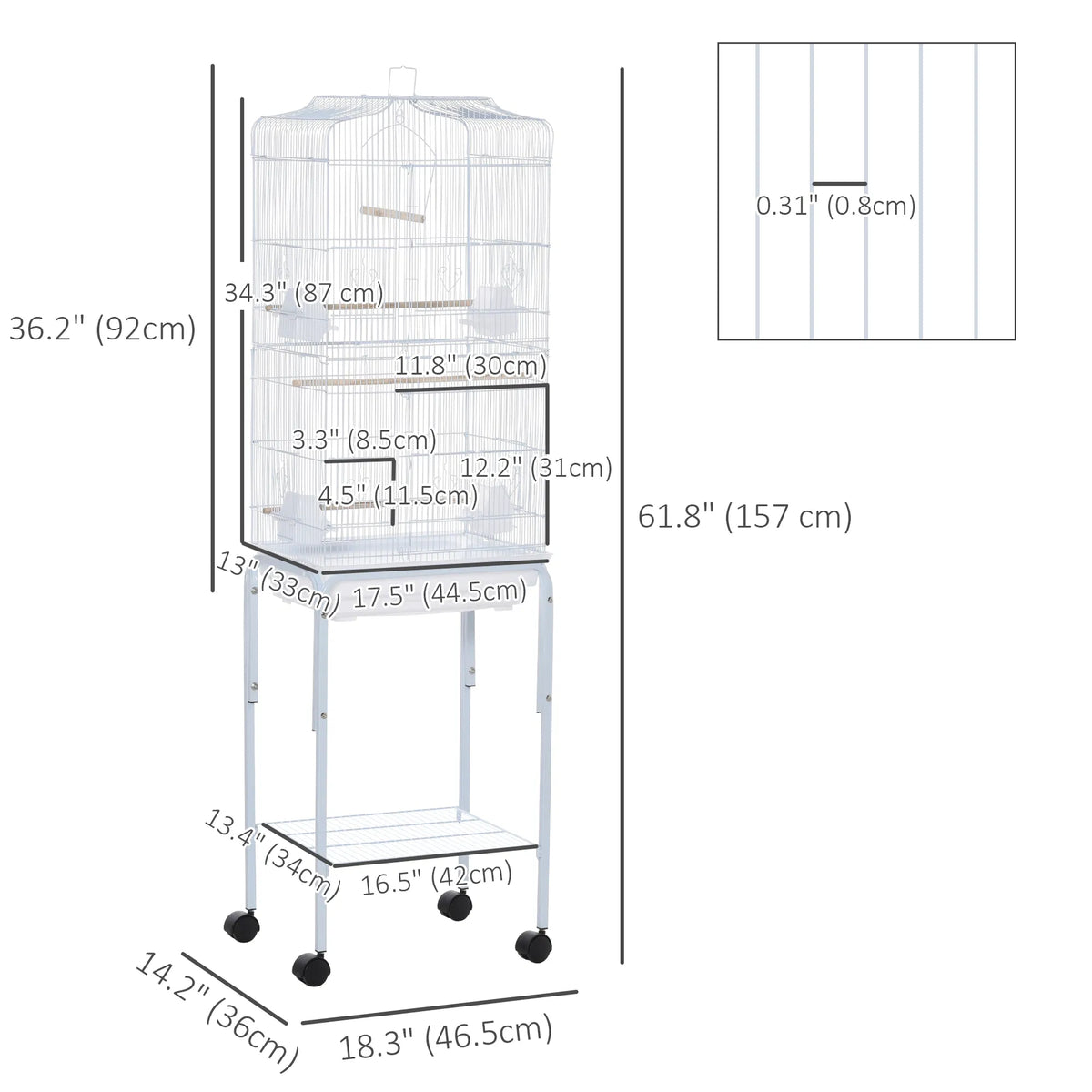 62" Rolling Bird Cage Cockatoo House Play Top Finch Pet Supply with Storage