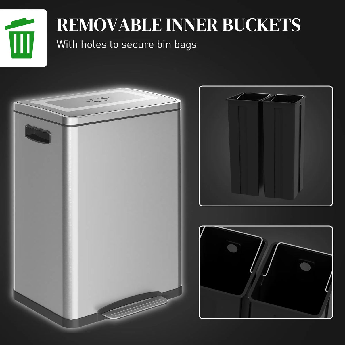 2 x 20 Liter Garbage Bin Stainless Steel Garbage Can with Soft Close Lid and - Image 2