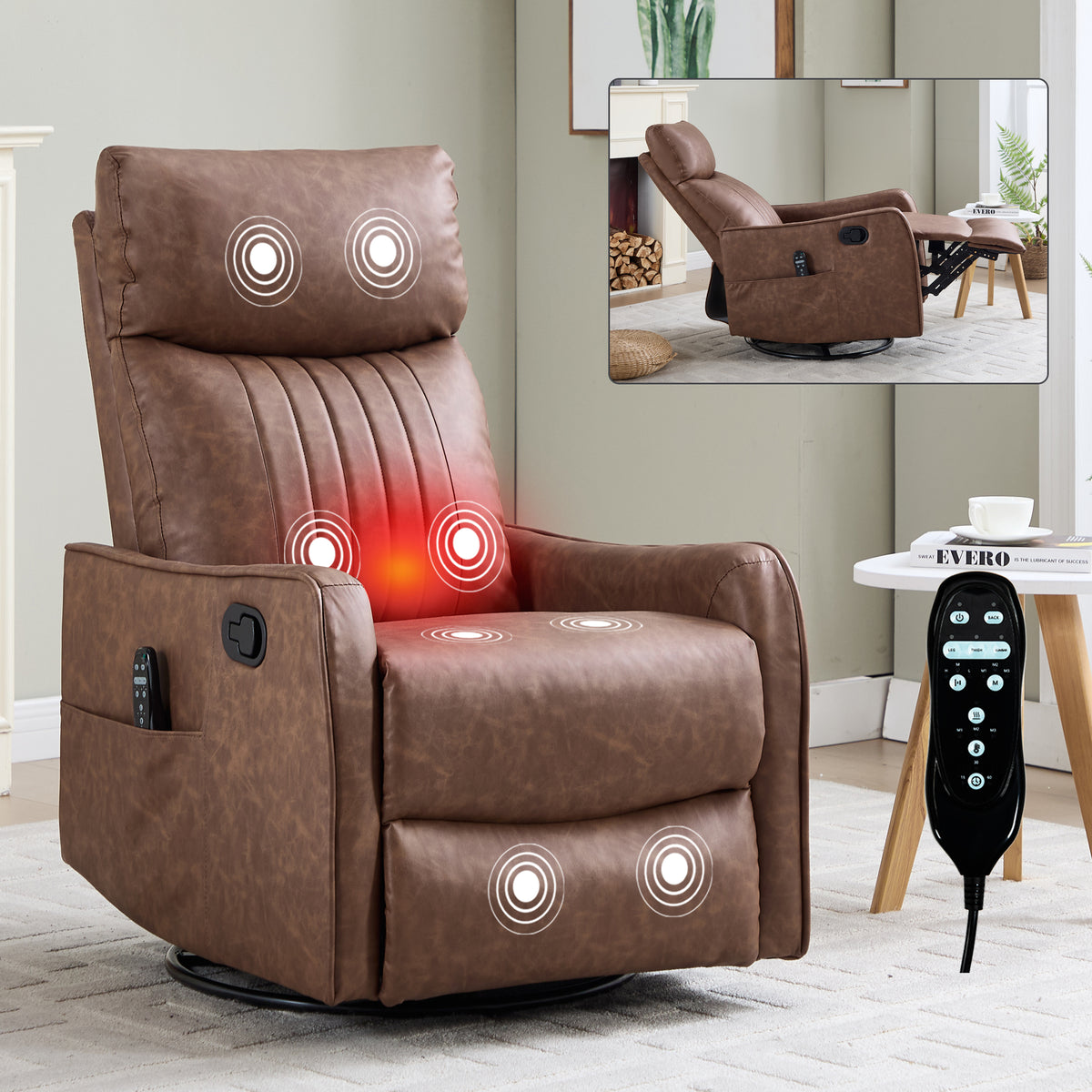 Brown Heat Massage Manual Recliner Chair with Rocker and Swivel in Faux Leather