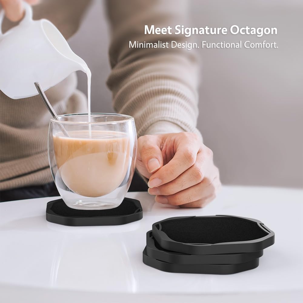Absorbent Felt And Silicone Drink Coasters Set Of 6 With Holder Reusable - Image 3
