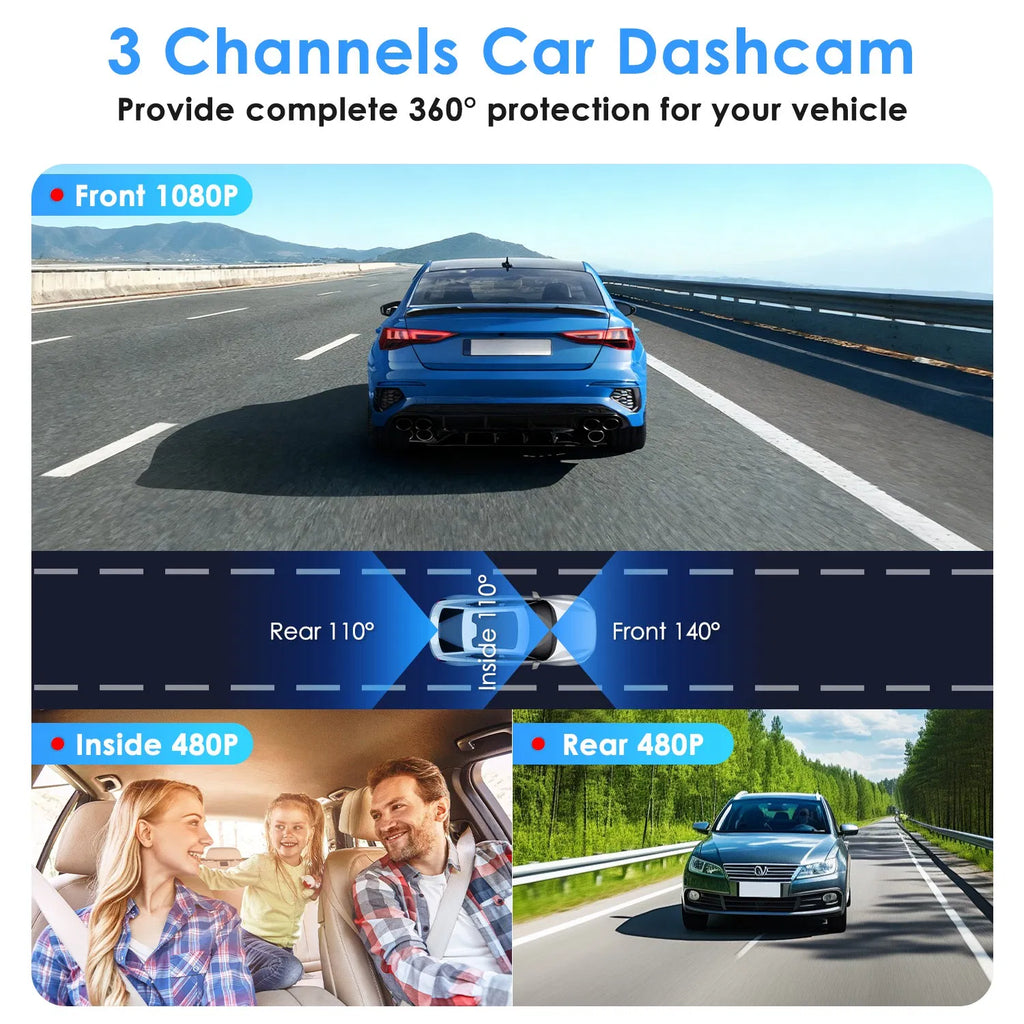 Car Dash Cam 3 Channel with Infrared Night Vision (4 IR Lights/Per Side) 1080P - Image 5