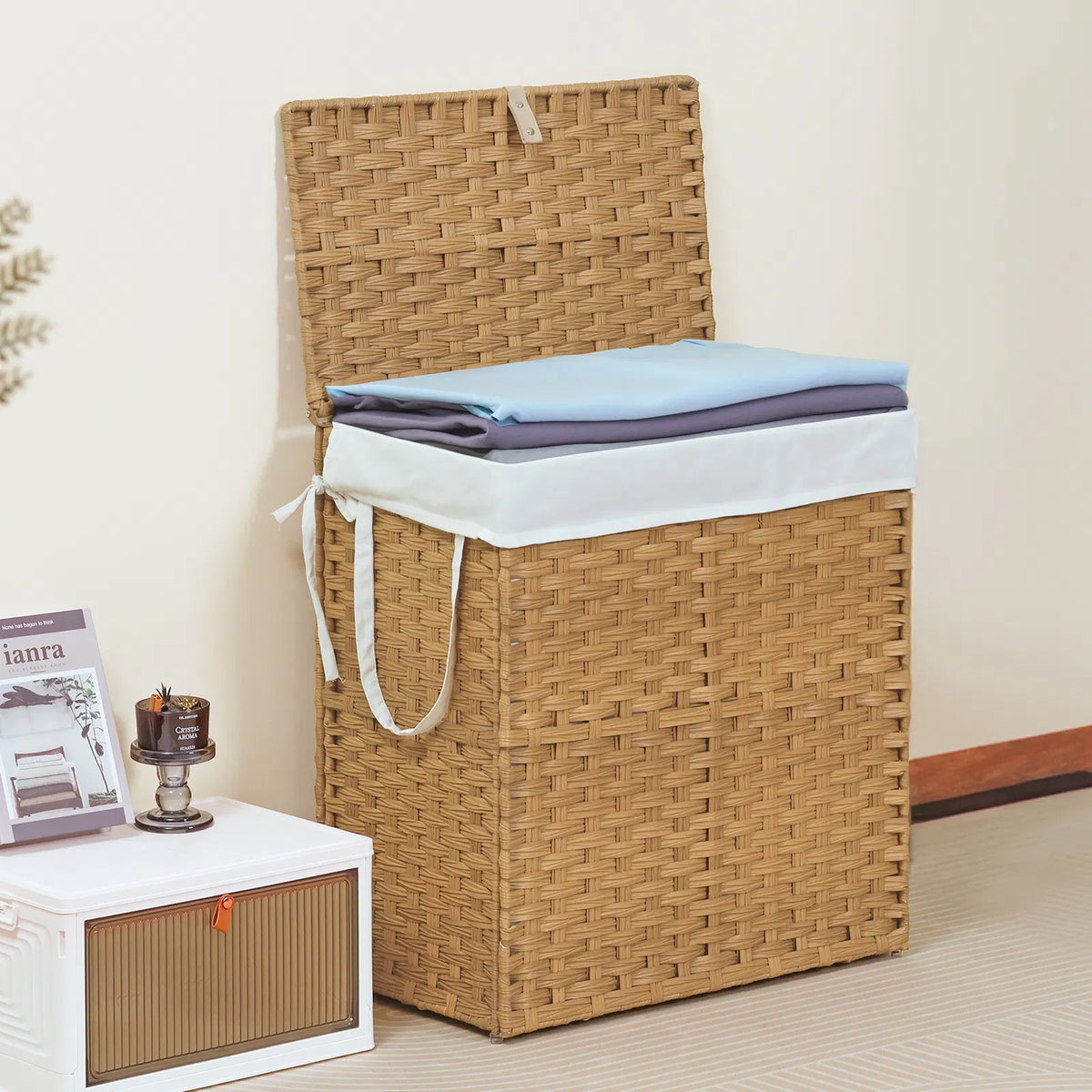 Laundry Basket with Lid 110 L Hand Woven Pp Rattan Laundry Basket with - Image 4