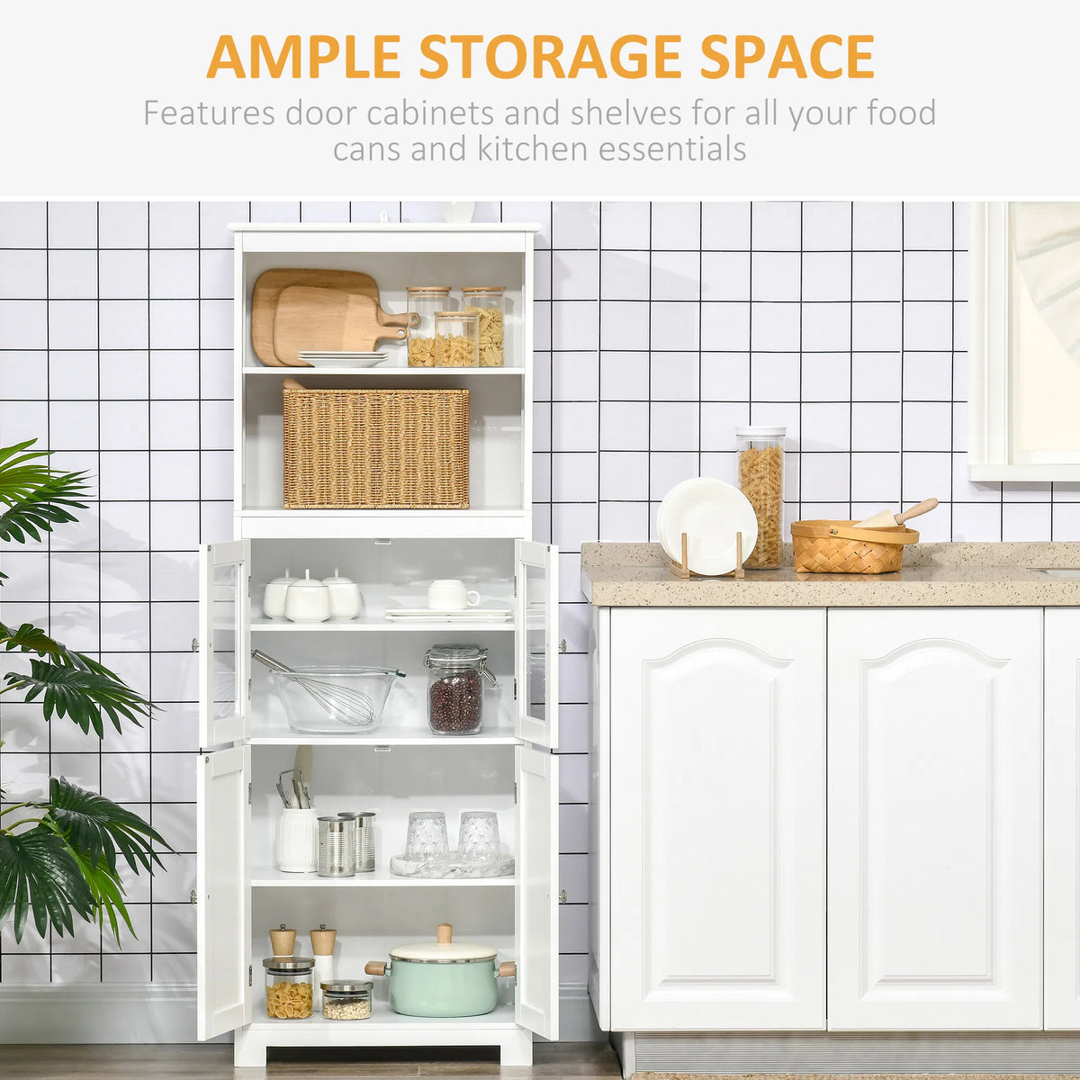 63" Small Buffet with Hutch 4 Door Kitchen Pantry Freestanding Storage - Image 4